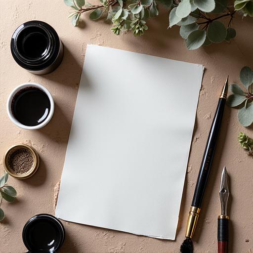 A flatlay of calligraphy pens, ink pots, and beautiful paper.