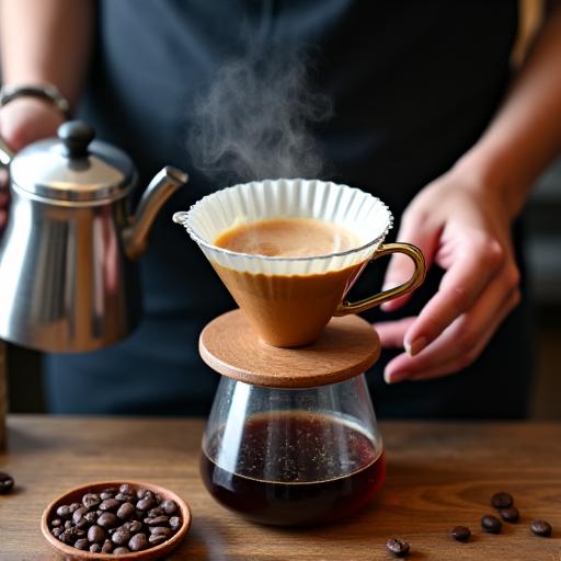 A barista carefully making a pour-over coffee.