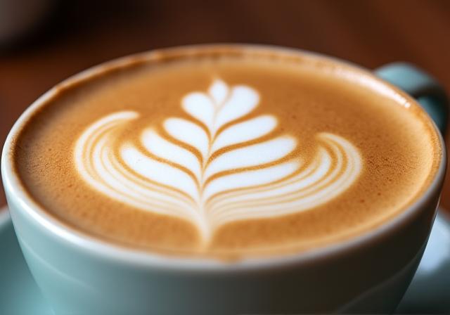 A close-up shot of intricate latte art on a cappuccino.