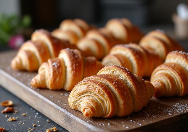 A display of freshly baked artisanal pastries on a wooden board.