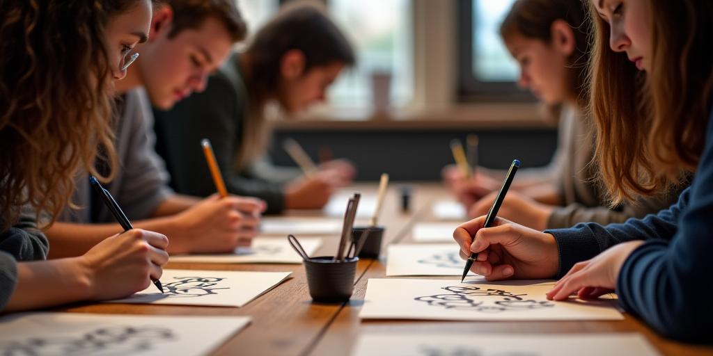 Students practicing calligraphy strokes during a workshop at Parchment Perk.